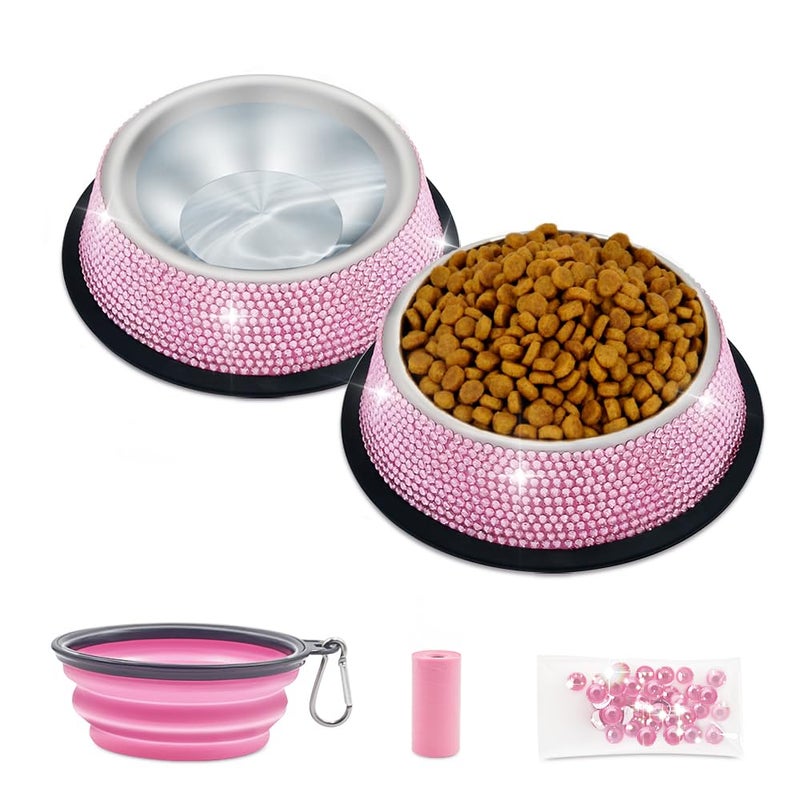 Triumilynn Rhinestone Cat Bowls Rhinestone Dog Bowls, Pink Cat Food Bowl Pink Bling Dog Bowl Stainless Steel for Small Pets Food Water Dishes-2 Pack - Image 1